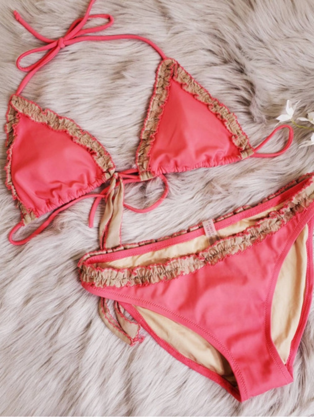 Victoria's Secret Coral Pink Bikini Set with Tan Trim